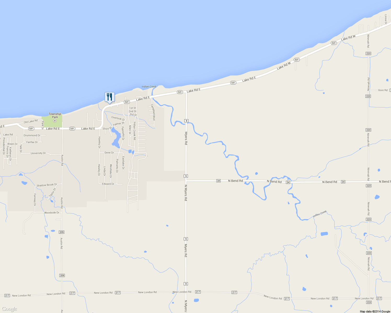 map of restaurants, bars, coffee shops, grocery stores, and more near 4840 N Myers Rd in Geneva