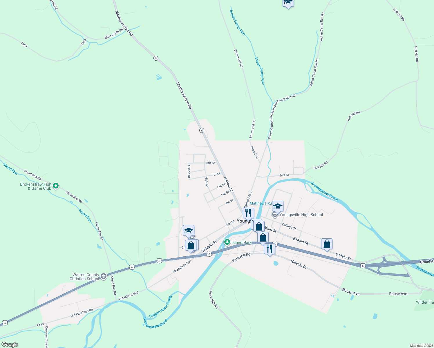 map of restaurants, bars, coffee shops, grocery stores, and more near 27 7th Street in Youngsville