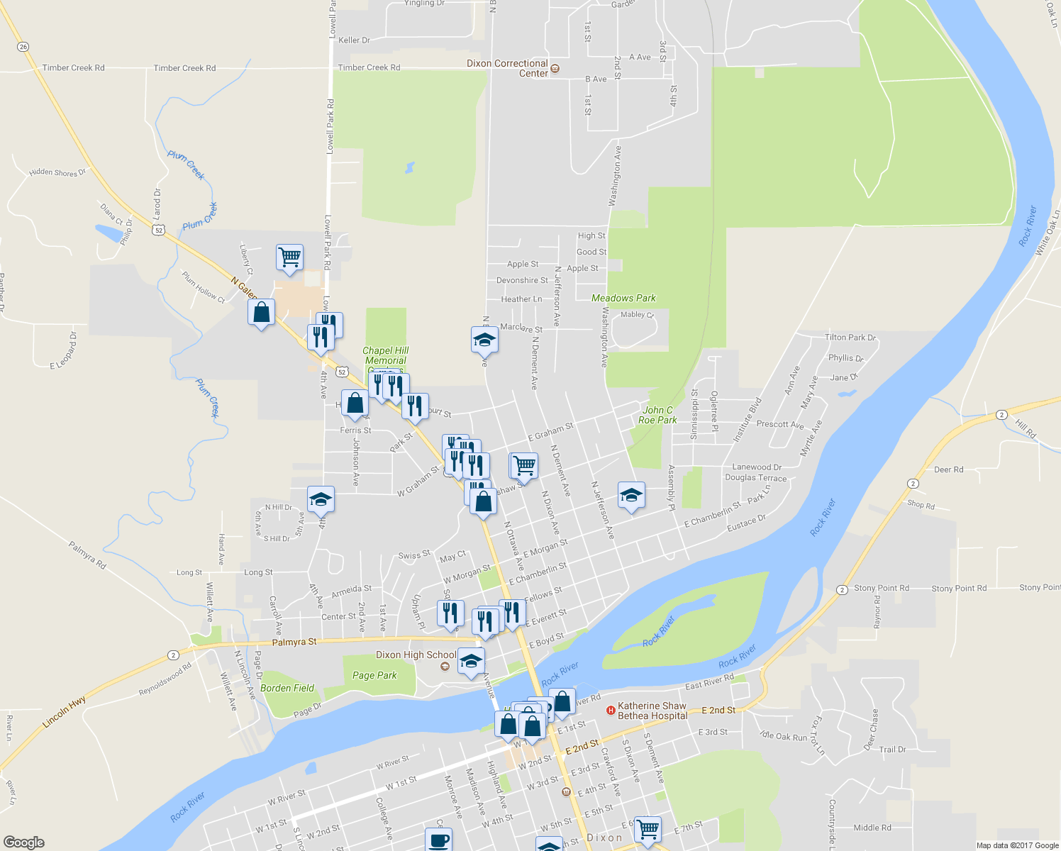 map of restaurants, bars, coffee shops, grocery stores, and more near 914 North Dixon Avenue in Dixon