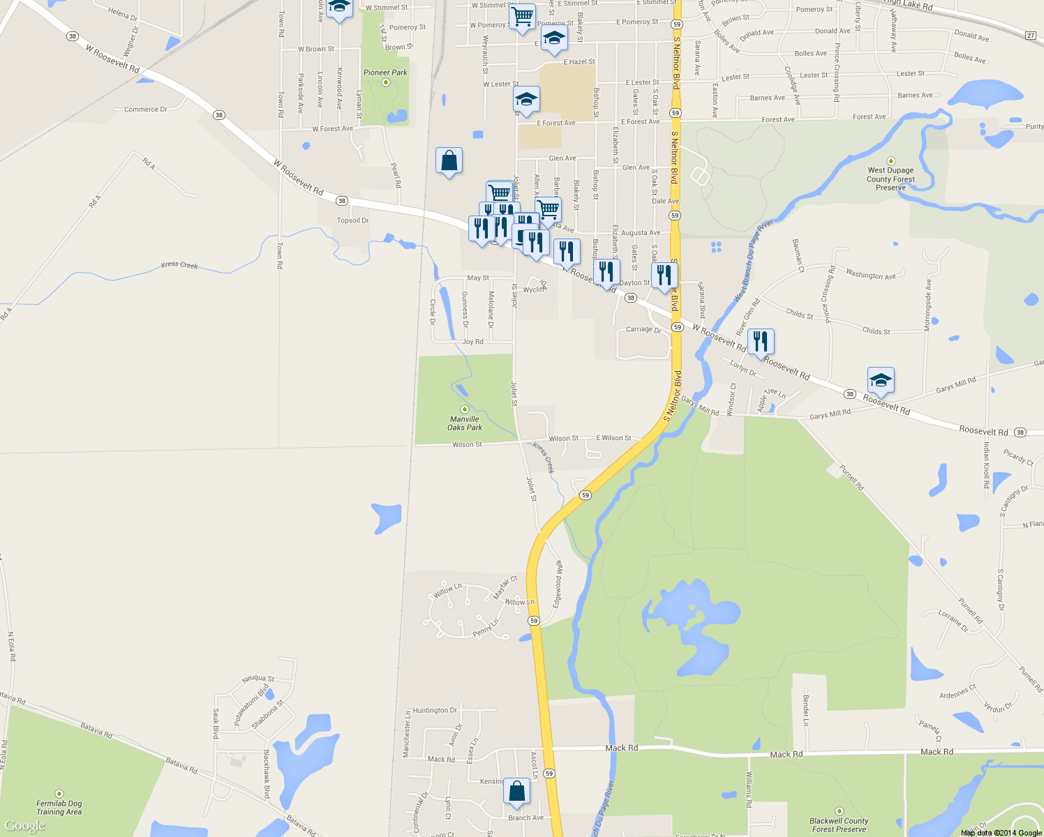 map of restaurants, bars, coffee shops, grocery stores, and more near 110 Whispering Oaks Dr in West Chicago