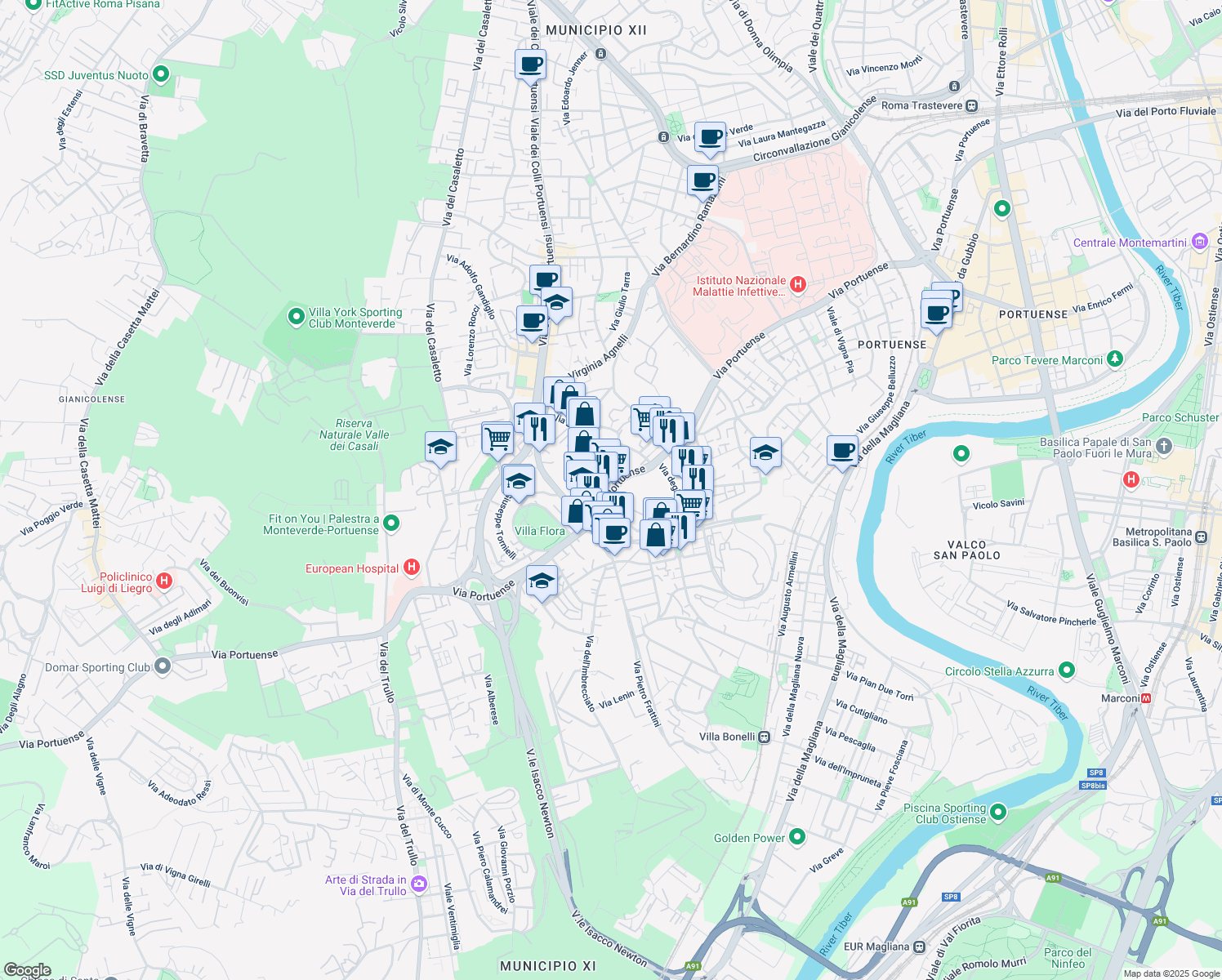 map of restaurants, bars, coffee shops, grocery stores, and more near 544 Via Portuense in Rome