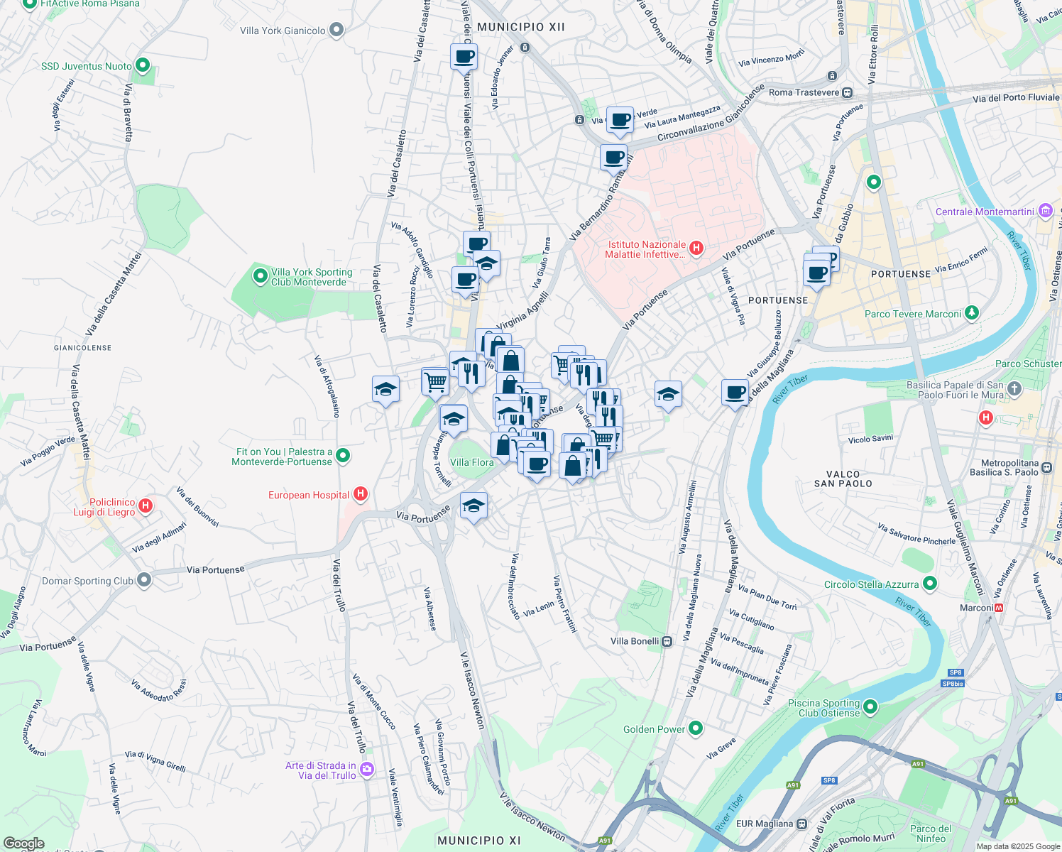 map of restaurants, bars, coffee shops, grocery stores, and more near 544 Via Portuense in Rome