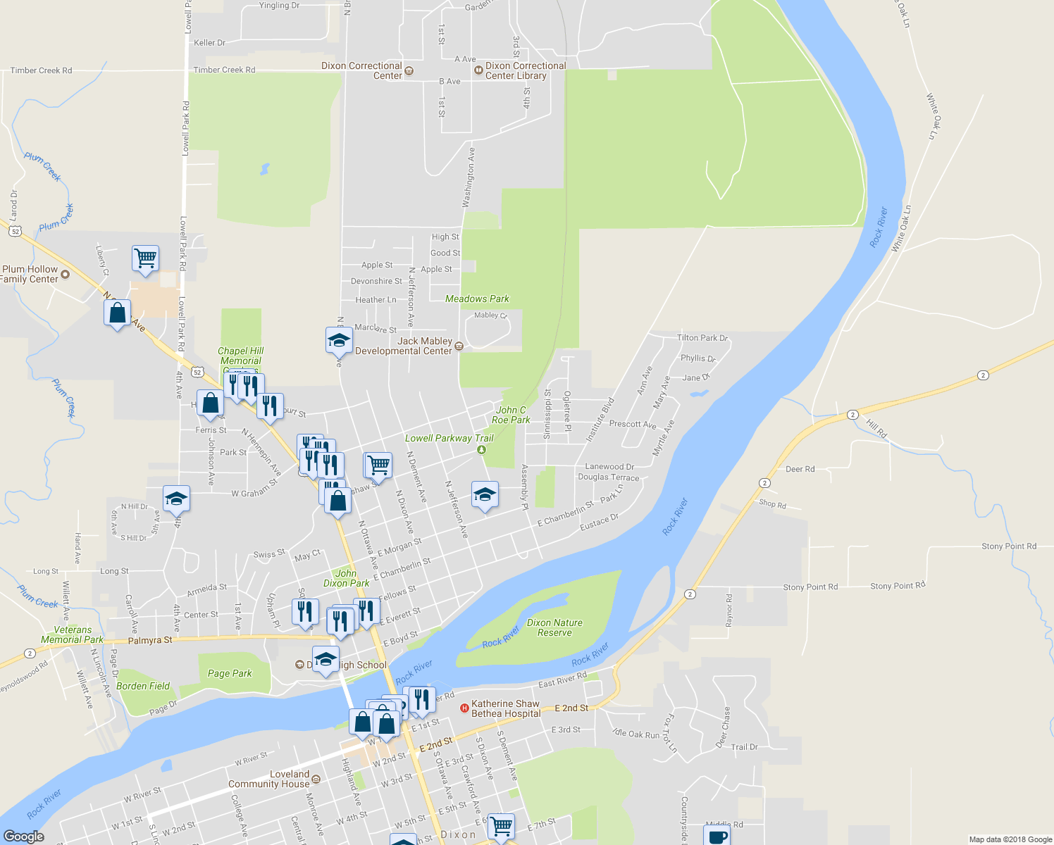 map of restaurants, bars, coffee shops, grocery stores, and more near 908 University Place in Dixon