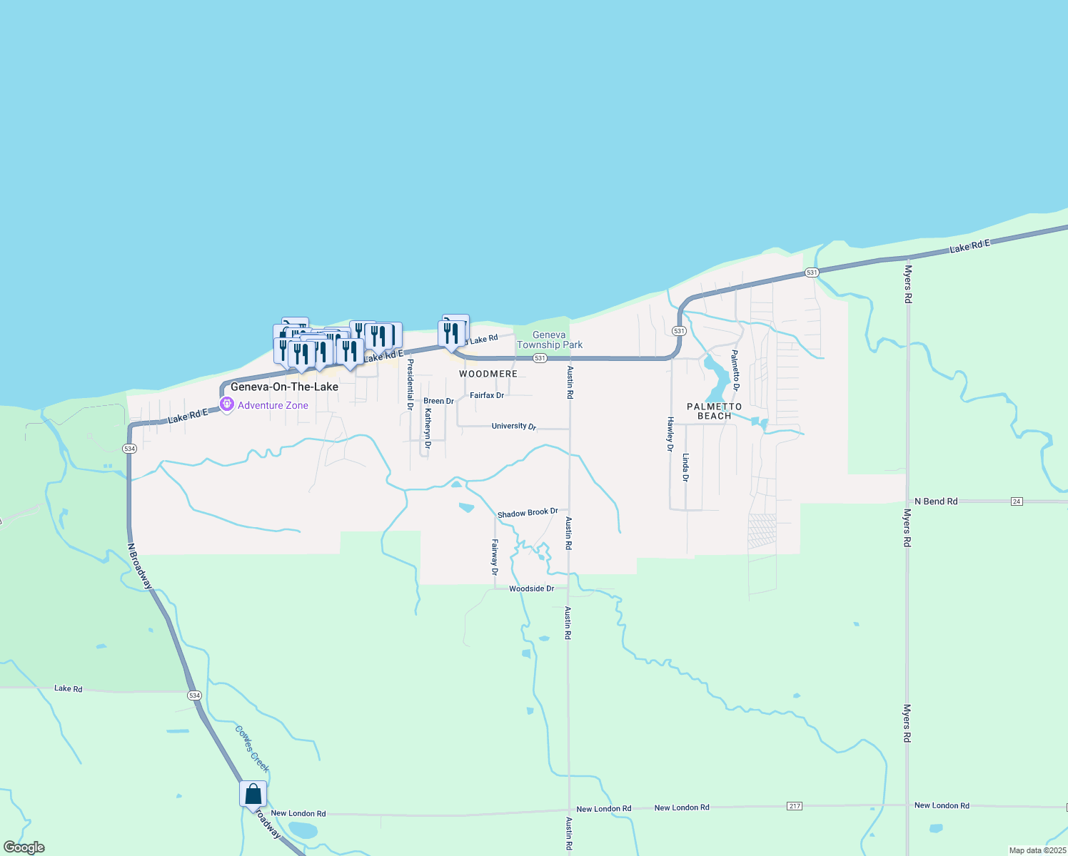 map of restaurants, bars, coffee shops, grocery stores, and more near 5094 University Drive in Geneva