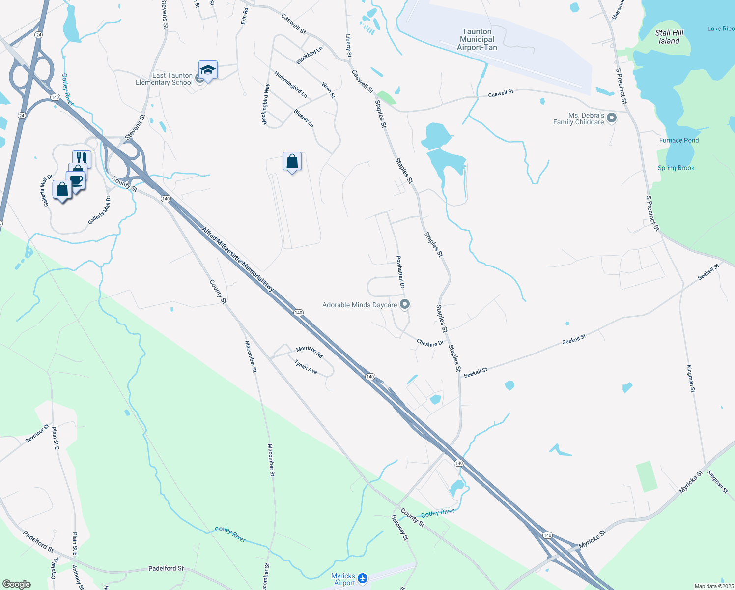 map of restaurants, bars, coffee shops, grocery stores, and more near 105 Meeshawn Avenue in Taunton