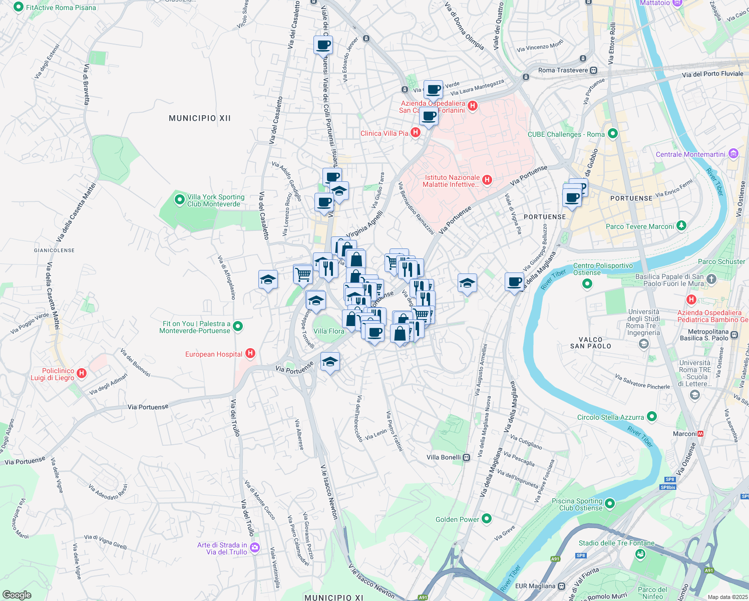 map of restaurants, bars, coffee shops, grocery stores, and more near 544 Via Portuense in Rome