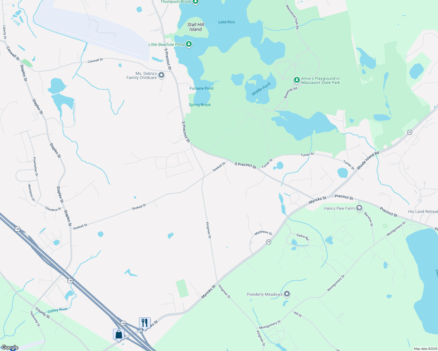 map of restaurants, bars, coffee shops, grocery stores, and more near 635 Seekell Street in Taunton