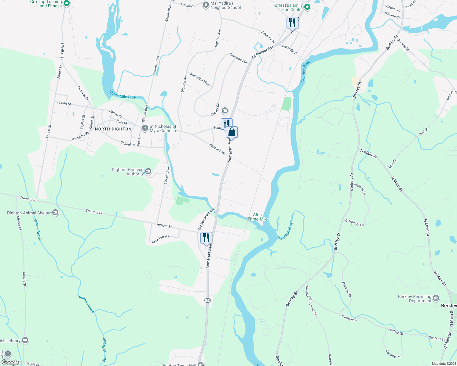 map of restaurants, bars, coffee shops, grocery stores, and more near 1614 Somerset Avenue in Taunton