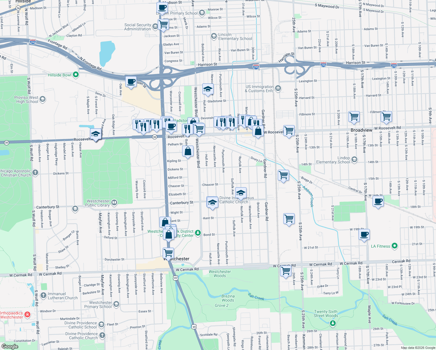 map of restaurants, bars, coffee shops, grocery stores, and more near 1425 Newcastle Avenue in Westchester