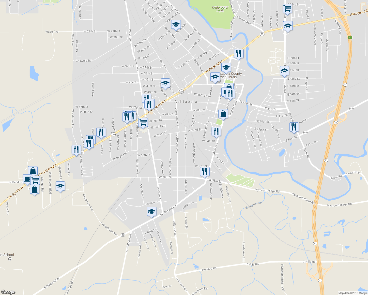 map of restaurants, bars, coffee shops, grocery stores, and more near 5435 Adams Avenue in Ashtabula