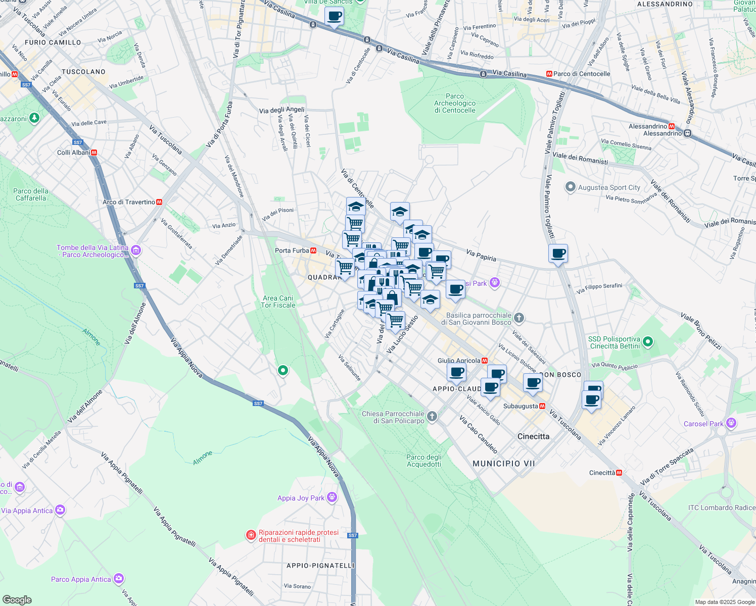map of restaurants, bars, coffee shops, grocery stores, and more near 94 Via Cornelio Labeone in Roma