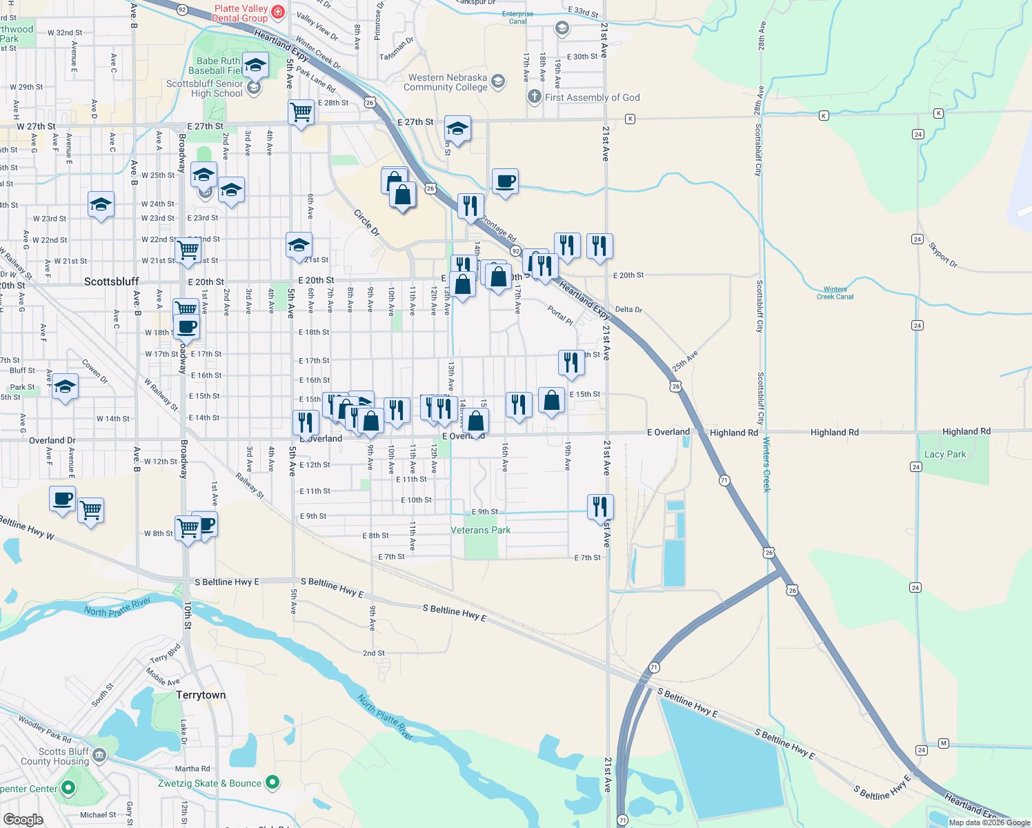 map of restaurants, bars, coffee shops, grocery stores, and more near 1321 16th Ave in Scottsbluff