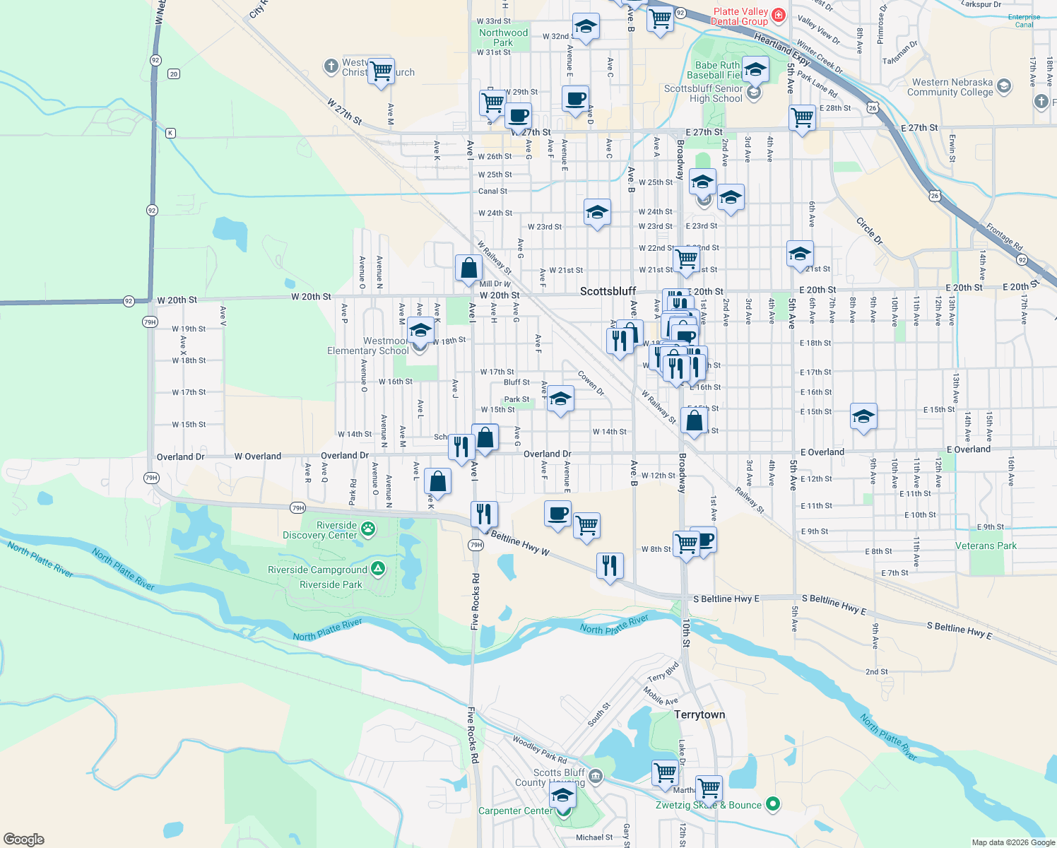 map of restaurants, bars, coffee shops, grocery stores, and more near 1405 Avenue G in Scottsbluff
