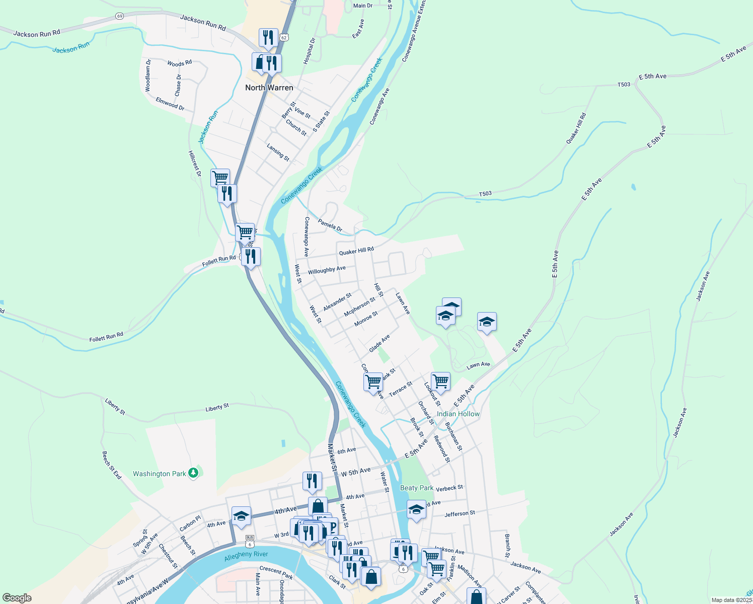 map of restaurants, bars, coffee shops, grocery stores, and more near 306 Mcpherson St in Warren