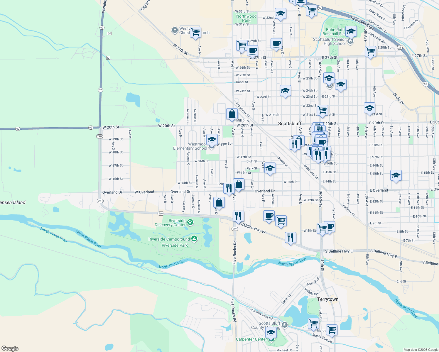 map of restaurants, bars, coffee shops, grocery stores, and more near 1401 Ave K in Scottsbluff