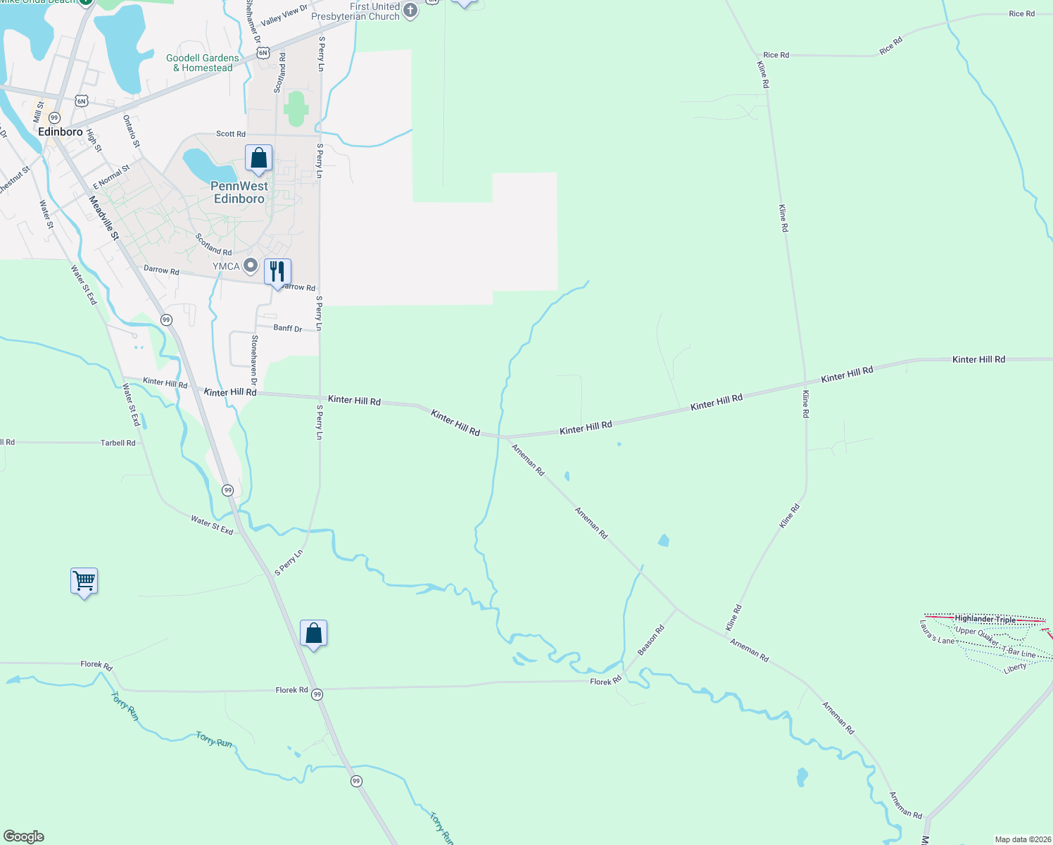 map of restaurants, bars, coffee shops, grocery stores, and more near 4100 Kinter Hill Rd in Edinboro