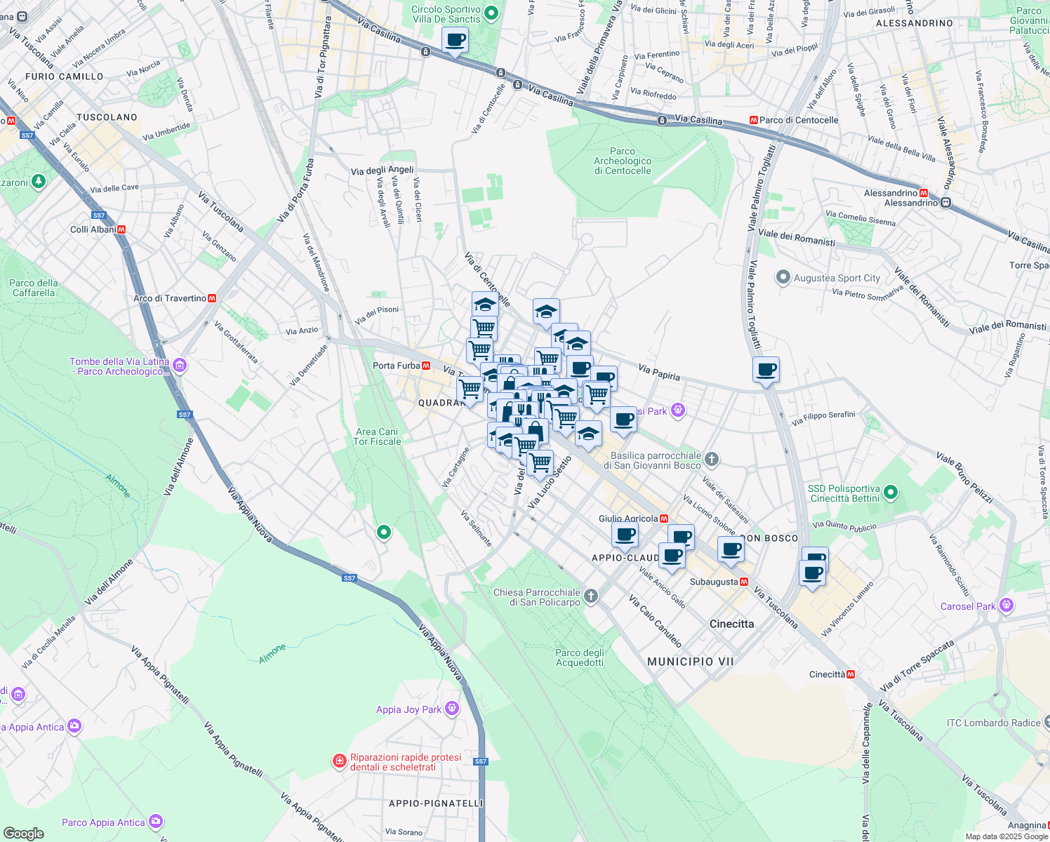 map of restaurants, bars, coffee shops, grocery stores, and more near 94 Via Cornelio Labeone in Rome