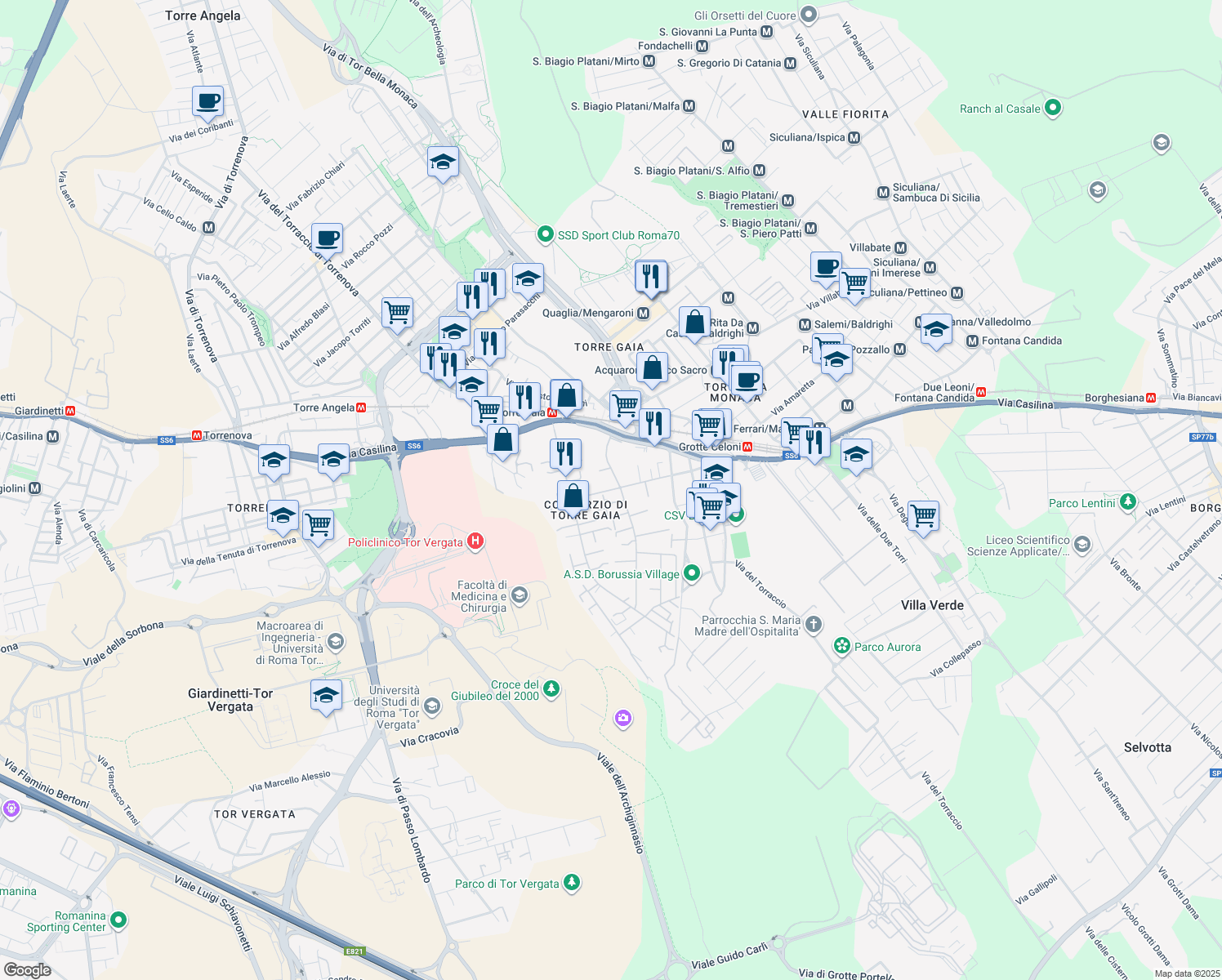map of restaurants, bars, coffee shops, grocery stores, and more near Via Pupinia in Rome