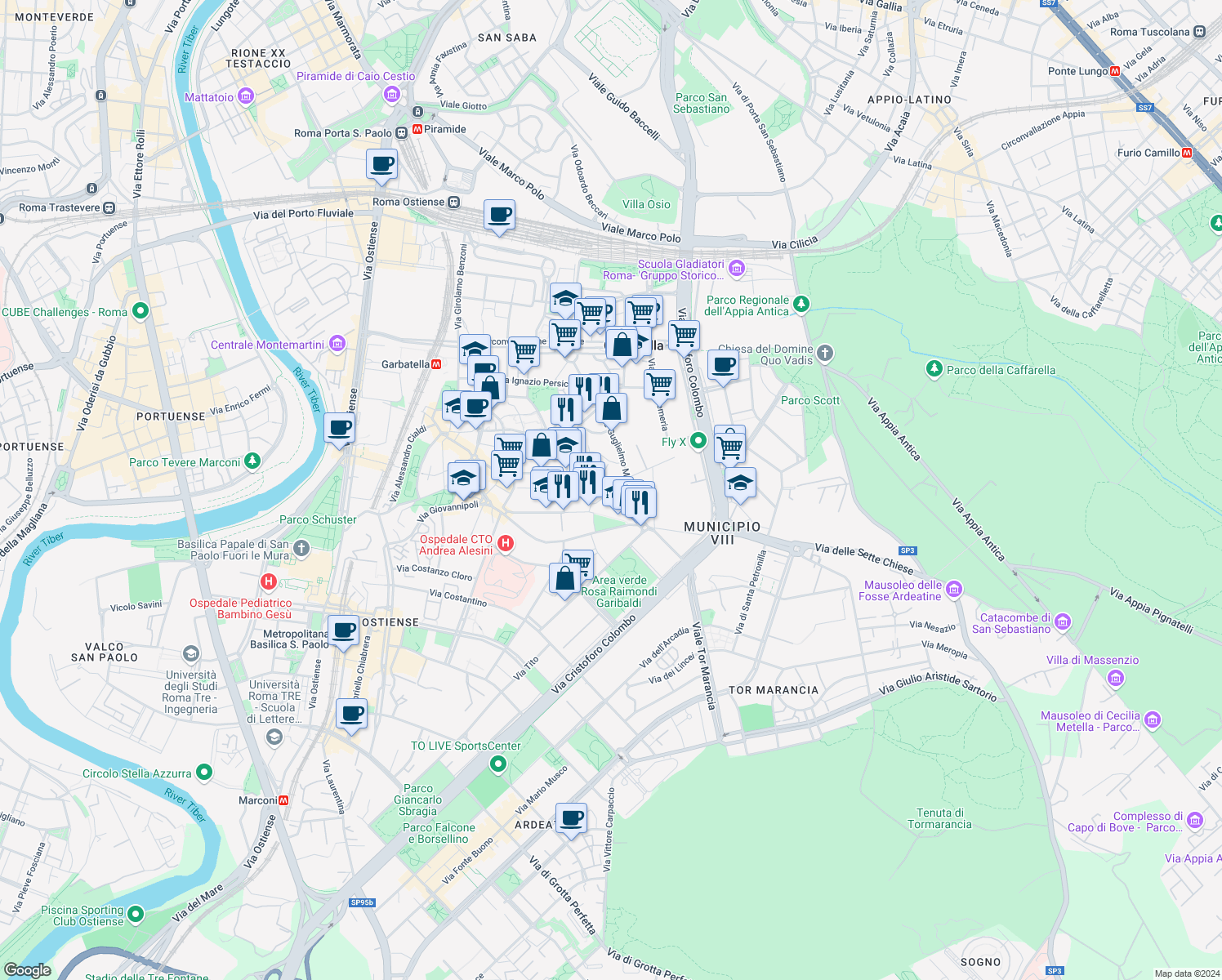 map of restaurants, bars, coffee shops, grocery stores, and more near 4 Via Pasquale Tosi in Rome