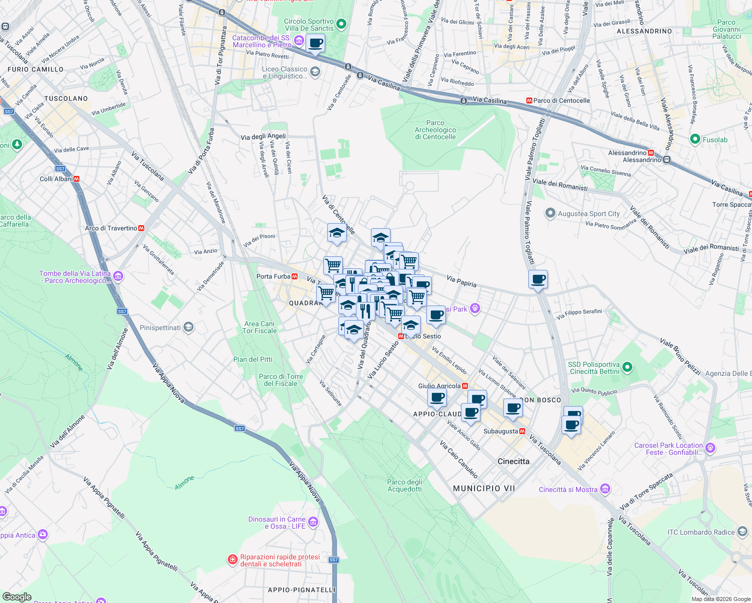 map of restaurants, bars, coffee shops, grocery stores, and more near 15 Via Licinio Murena in Roma