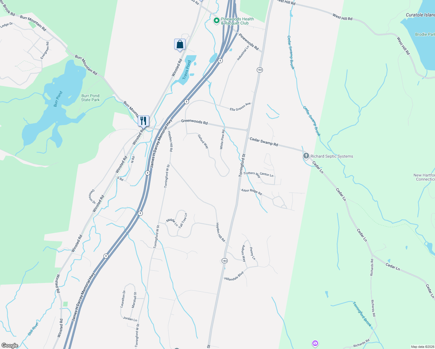 map of restaurants, bars, coffee shops, grocery stores, and more near 321 White Pine Rd in Torrington