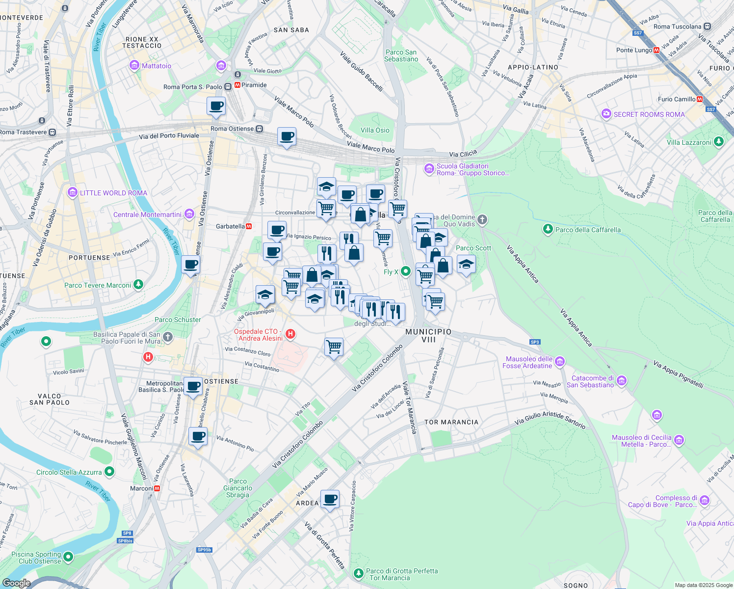 map of restaurants, bars, coffee shops, grocery stores, and more near 2 Via Carlo Spinola in Roma