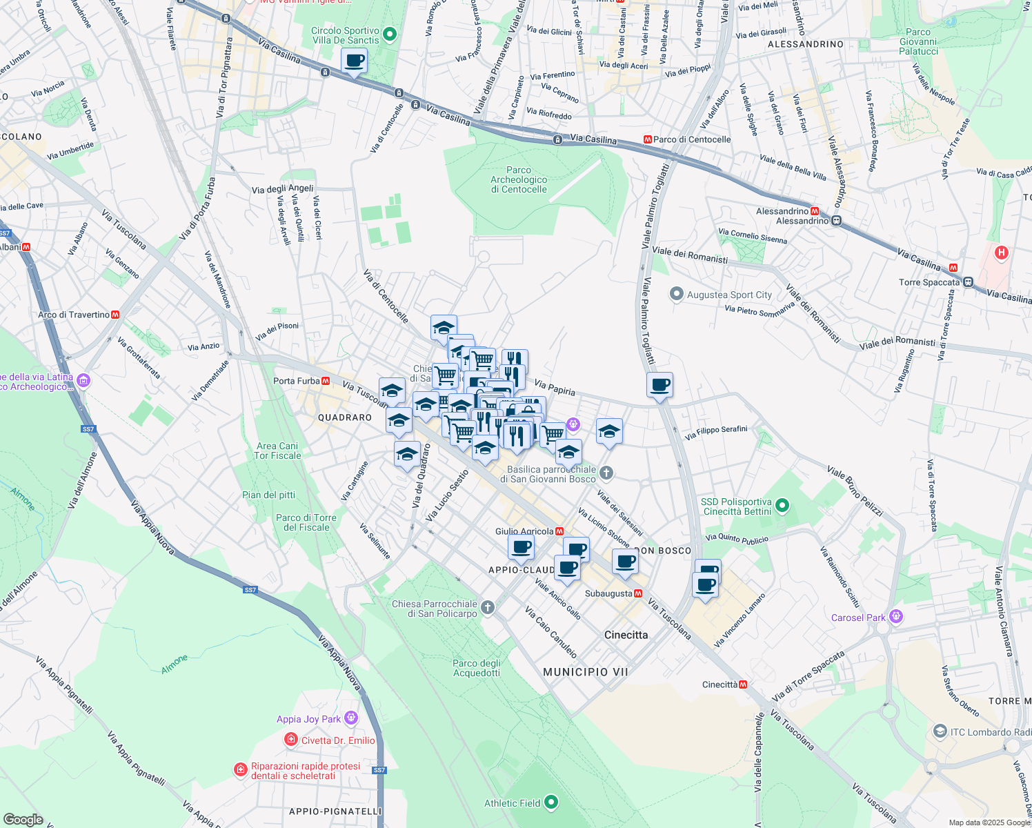 map of restaurants, bars, coffee shops, grocery stores, and more near 1 Via Valerio Flacco in Roma