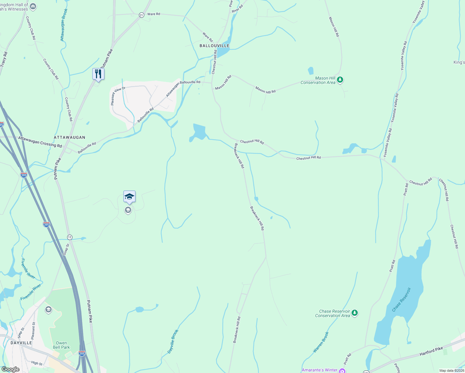 map of restaurants, bars, coffee shops, grocery stores, and more near 301 Breakneck Hill Road in Killingly