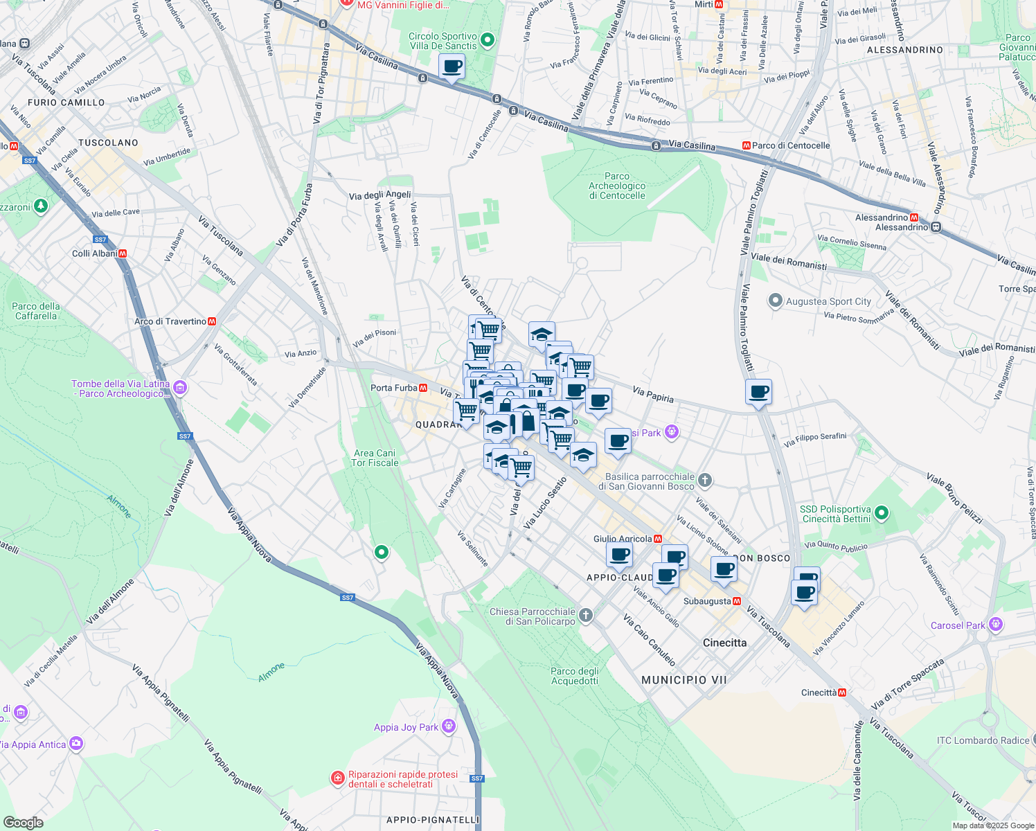 map of restaurants, bars, coffee shops, grocery stores, and more near 687 Via Tuscolana in Rome