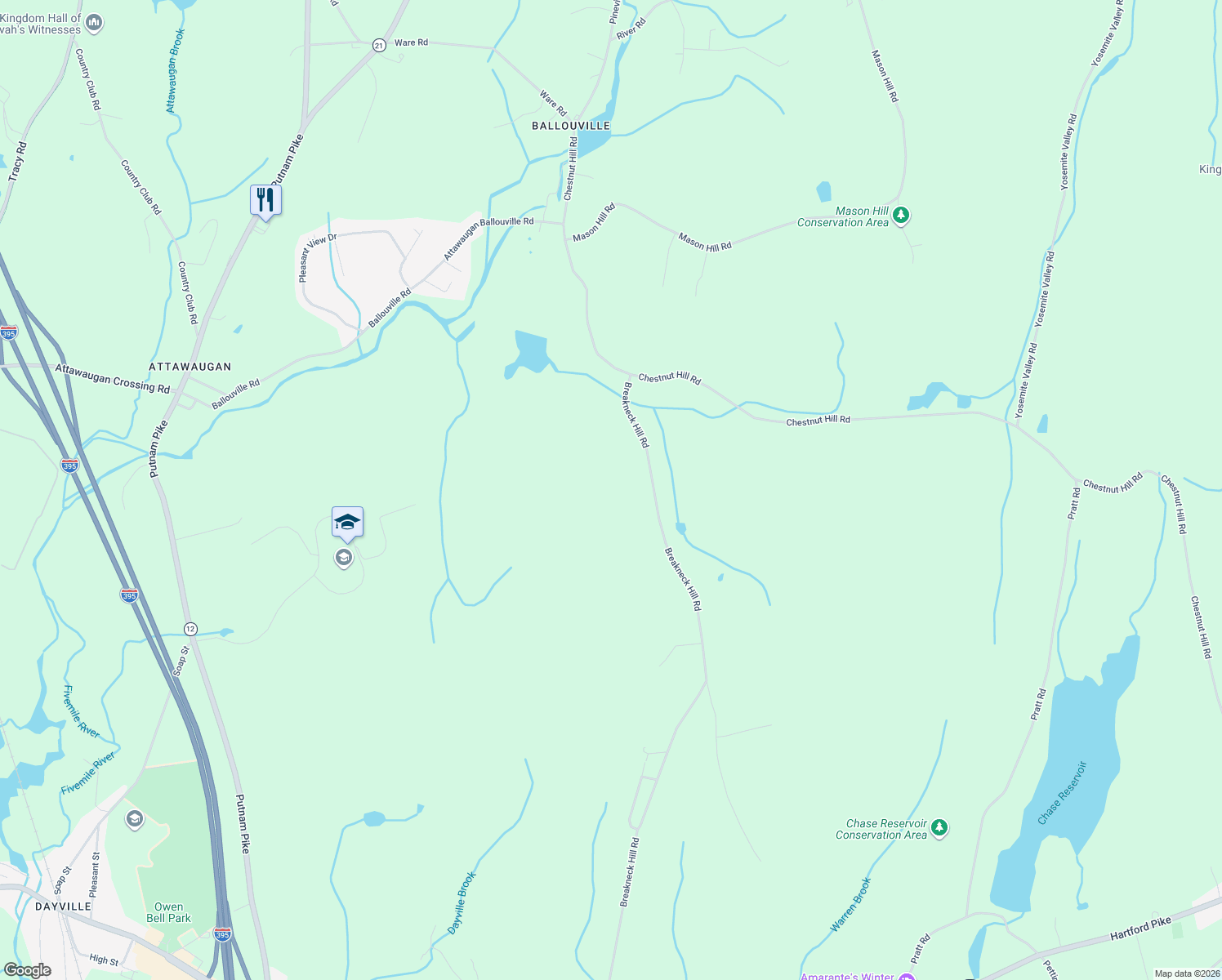 map of restaurants, bars, coffee shops, grocery stores, and more near 301 Breakneck Hill Road in Killingly