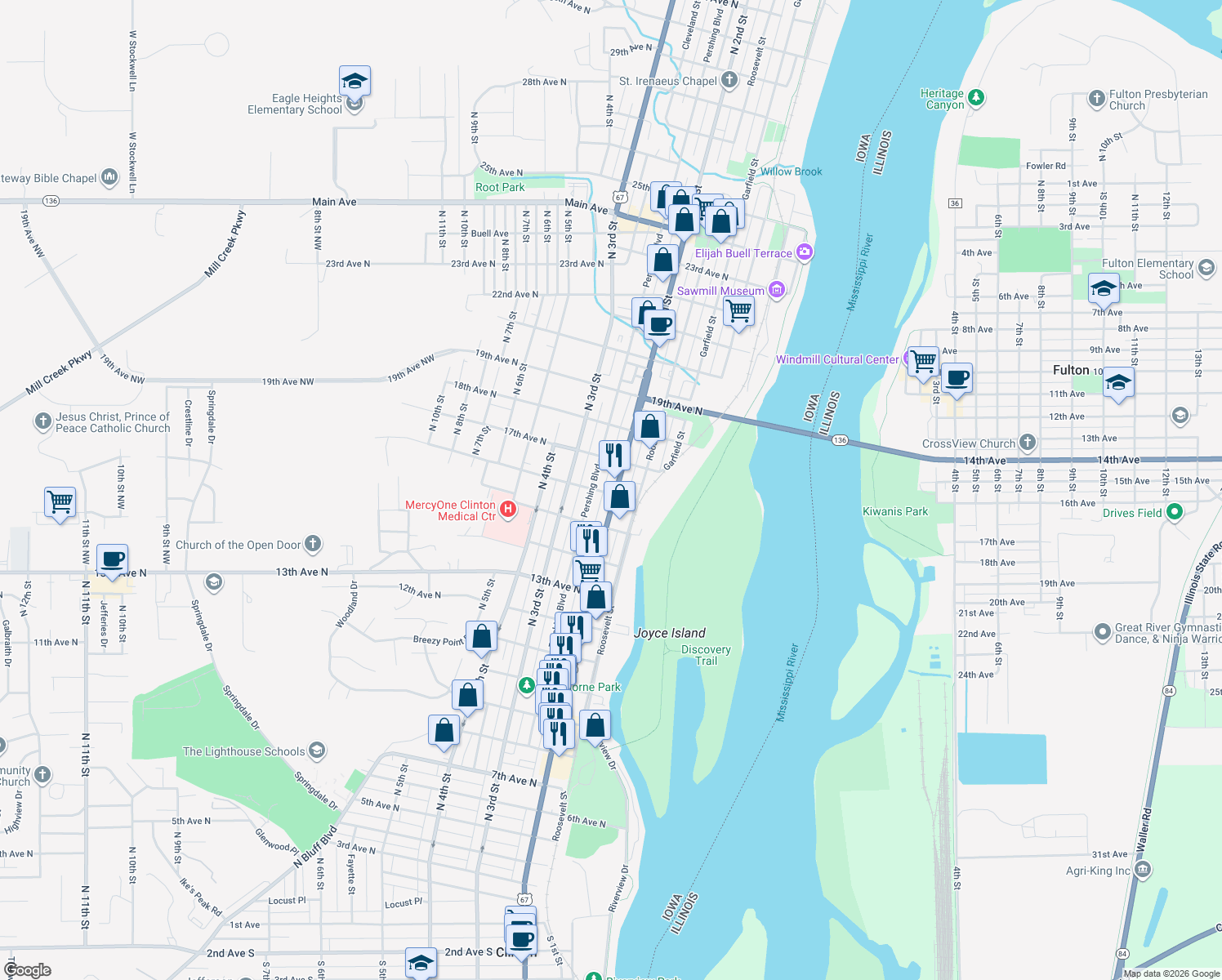 map of restaurants, bars, coffee shops, grocery stores, and more near 1599 Pershing Boulevard in Clinton