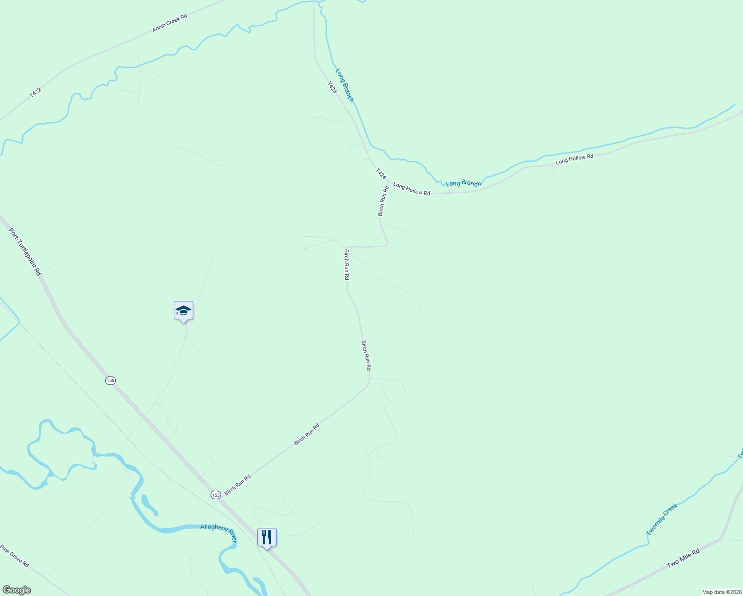 map of restaurants, bars, coffee shops, grocery stores, and more near 611 Birch Run Road in Port Allegany