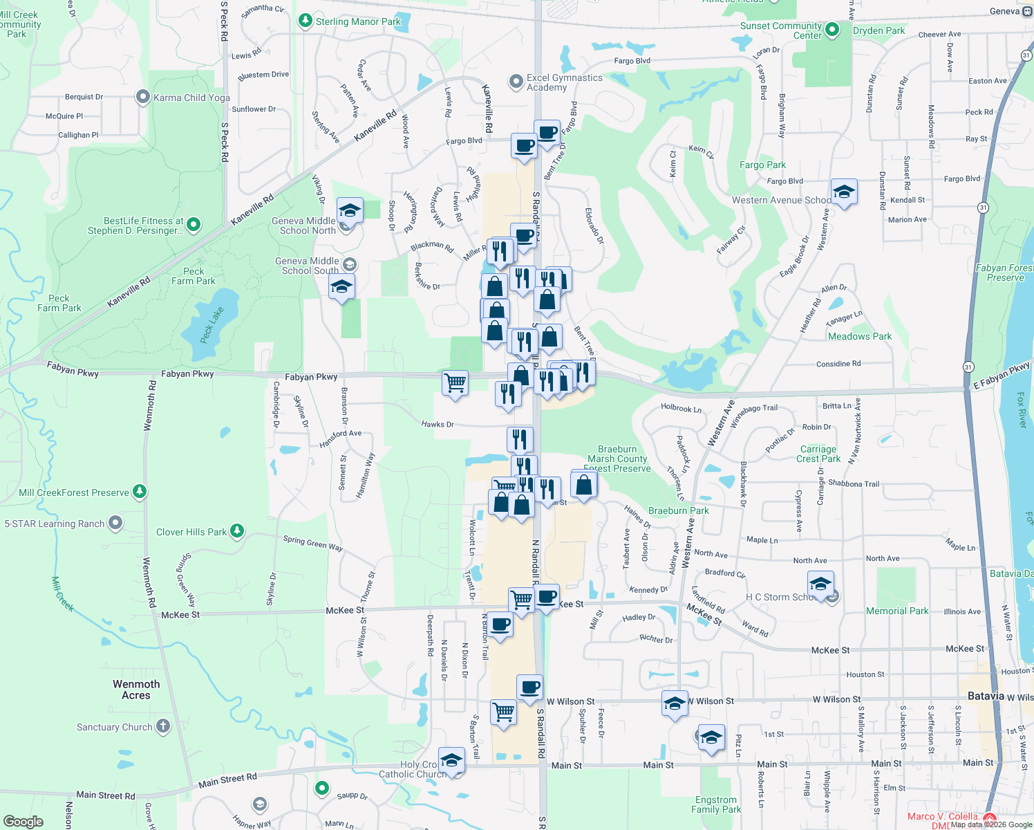 map of restaurants, bars, coffee shops, grocery stores, and more near 857 North Randall Road in Batavia