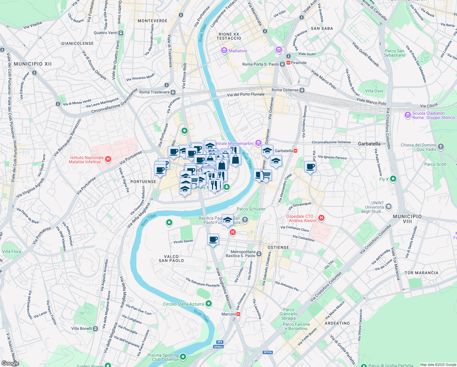 map of restaurants, bars, coffee shops, grocery stores, and more near 67 Via Luca Valerio in Rome