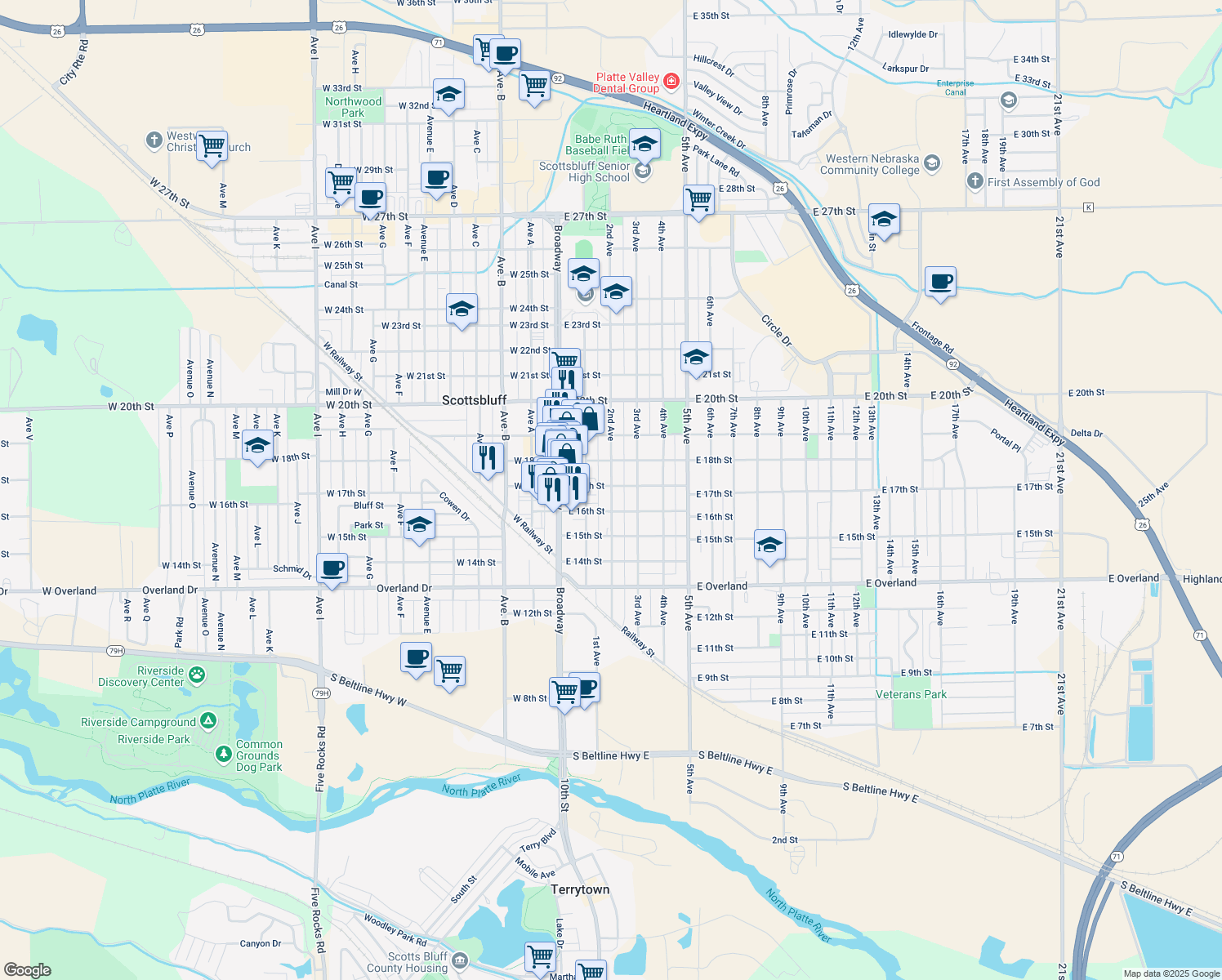 map of restaurants, bars, coffee shops, grocery stores, and more near 202 East 17th Street in Scottsbluff
