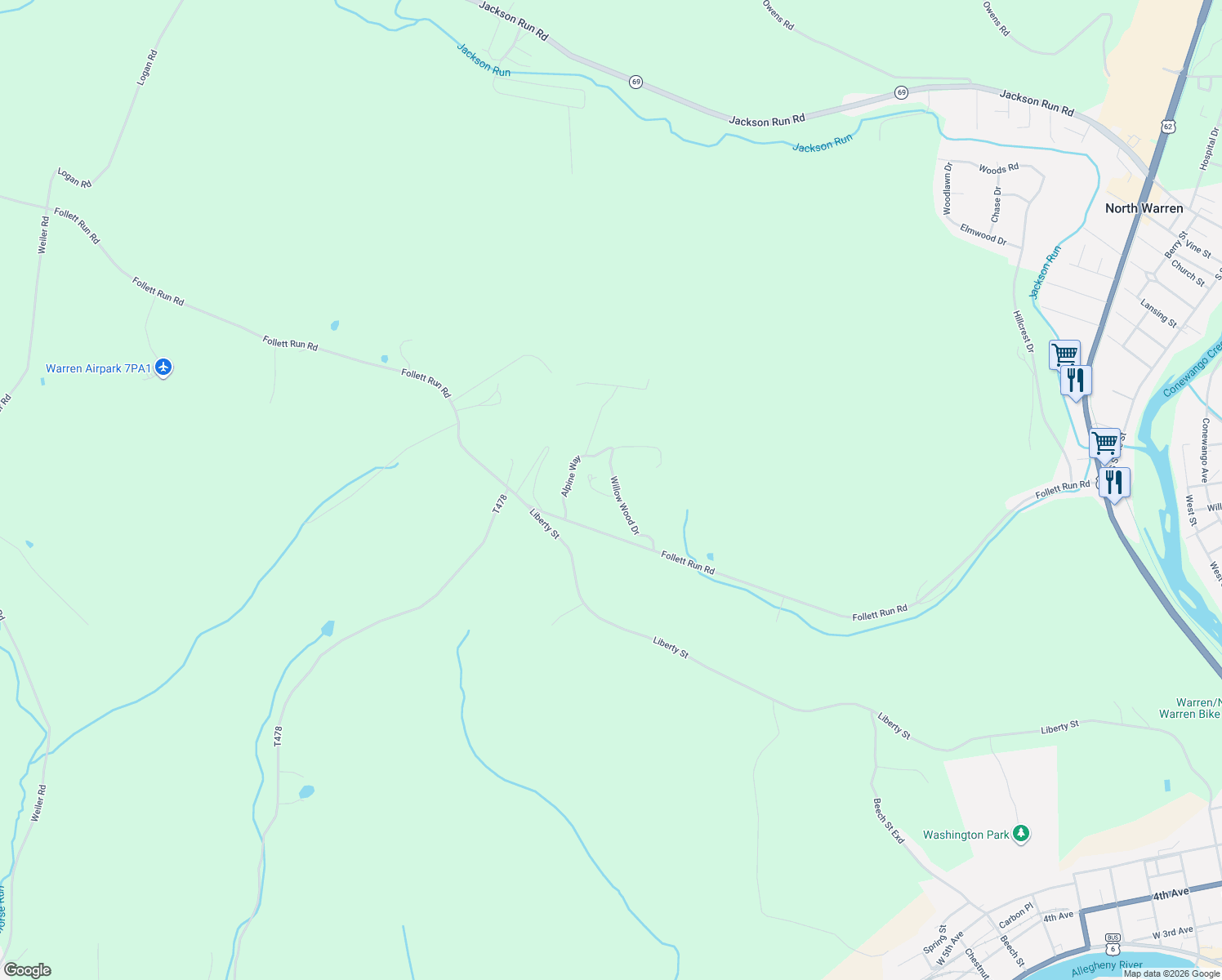 map of restaurants, bars, coffee shops, grocery stores, and more near Winchester Boulevard in Warren