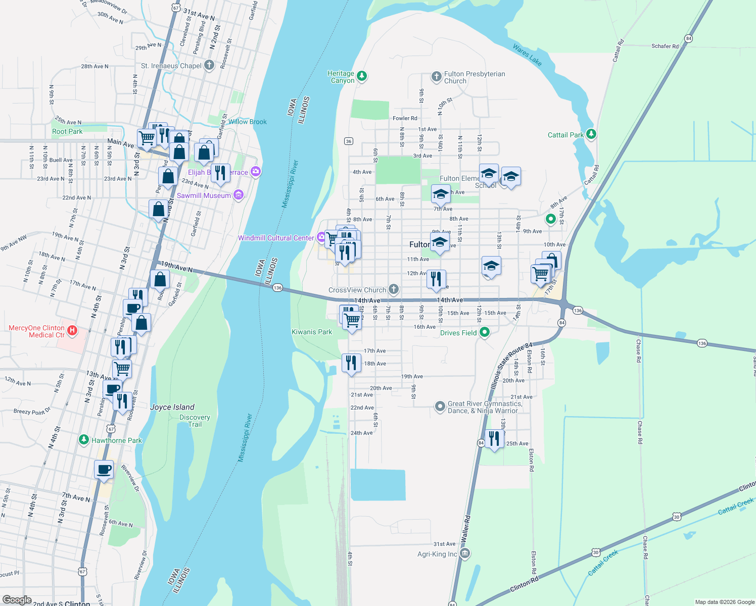 map of restaurants, bars, coffee shops, grocery stores, and more near 600 14th Avenue in Fulton