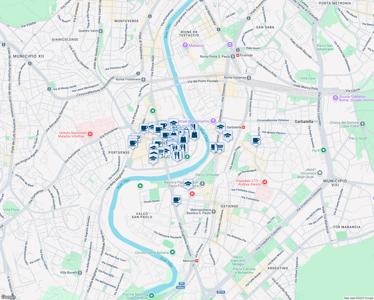 map of restaurants, bars, coffee shops, grocery stores, and more near 67 Via Luca Valerio in Rome