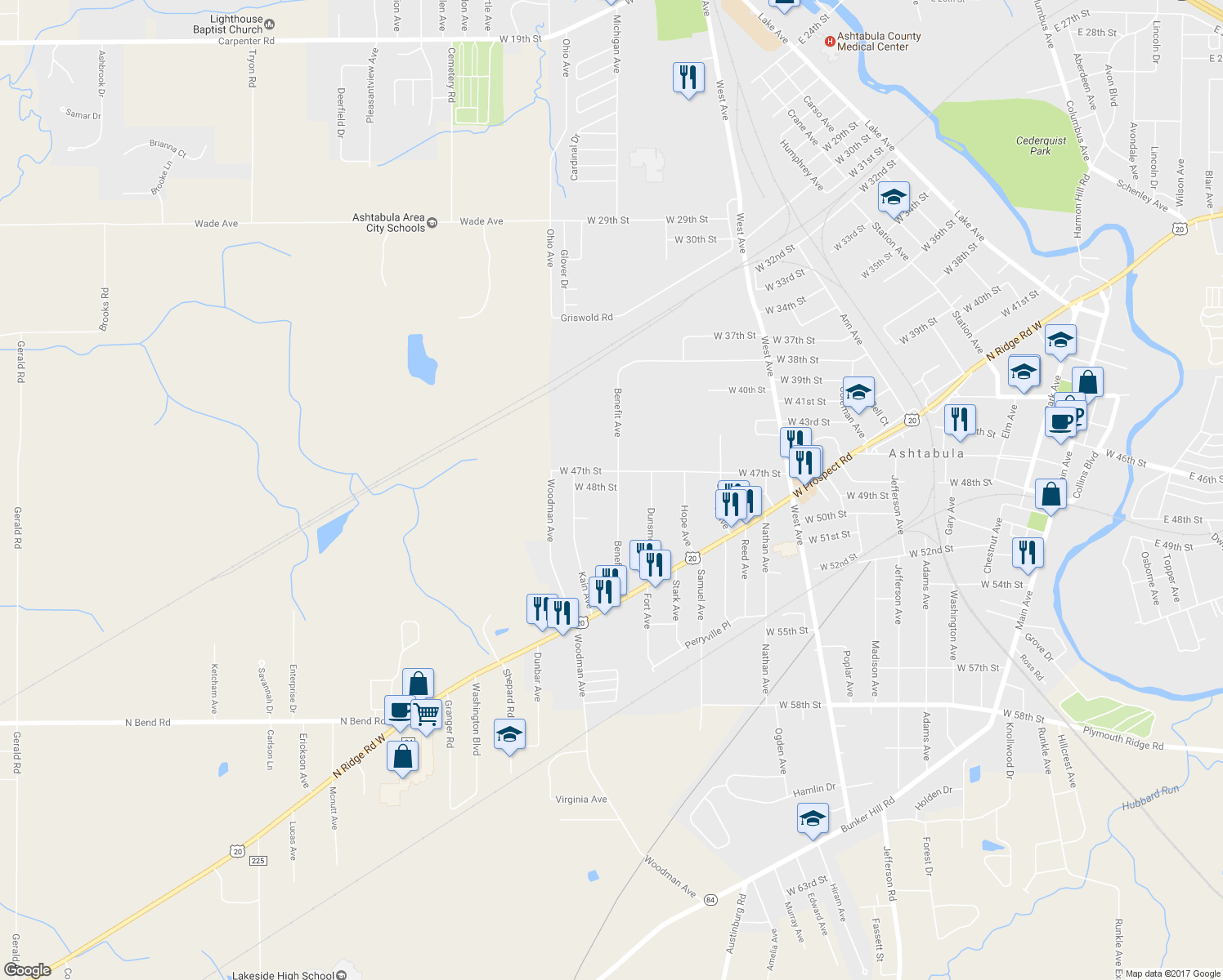 map of restaurants, bars, coffee shops, grocery stores, and more near 4805 Benefit Avenue in Ashtabula