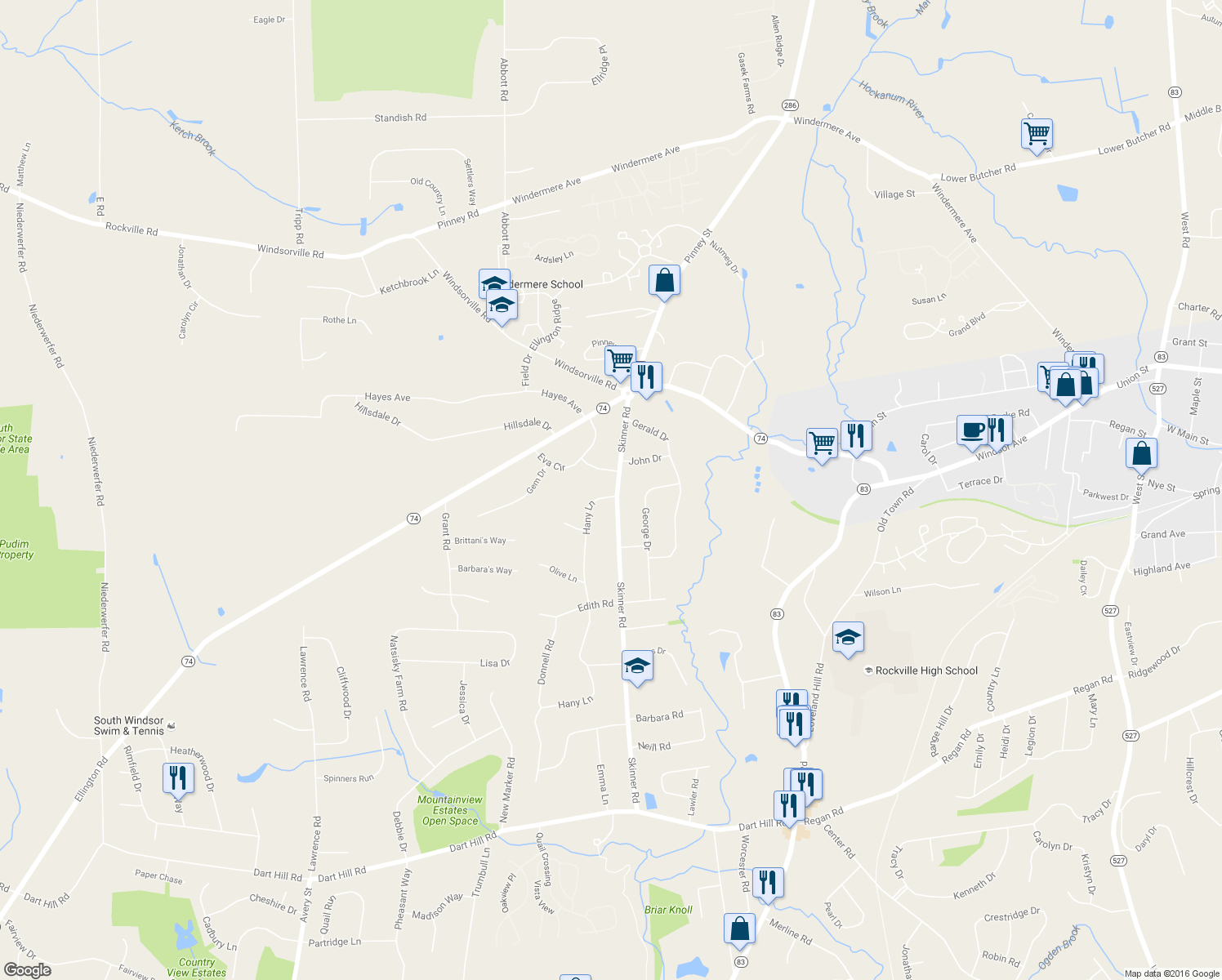 map of restaurants, bars, coffee shops, grocery stores, and more near 231 Skinner Road in Vernon