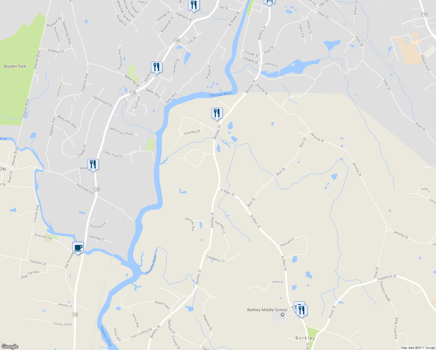 map of restaurants, bars, coffee shops, grocery stores, and more near 567 Berkley Street in Berkley
