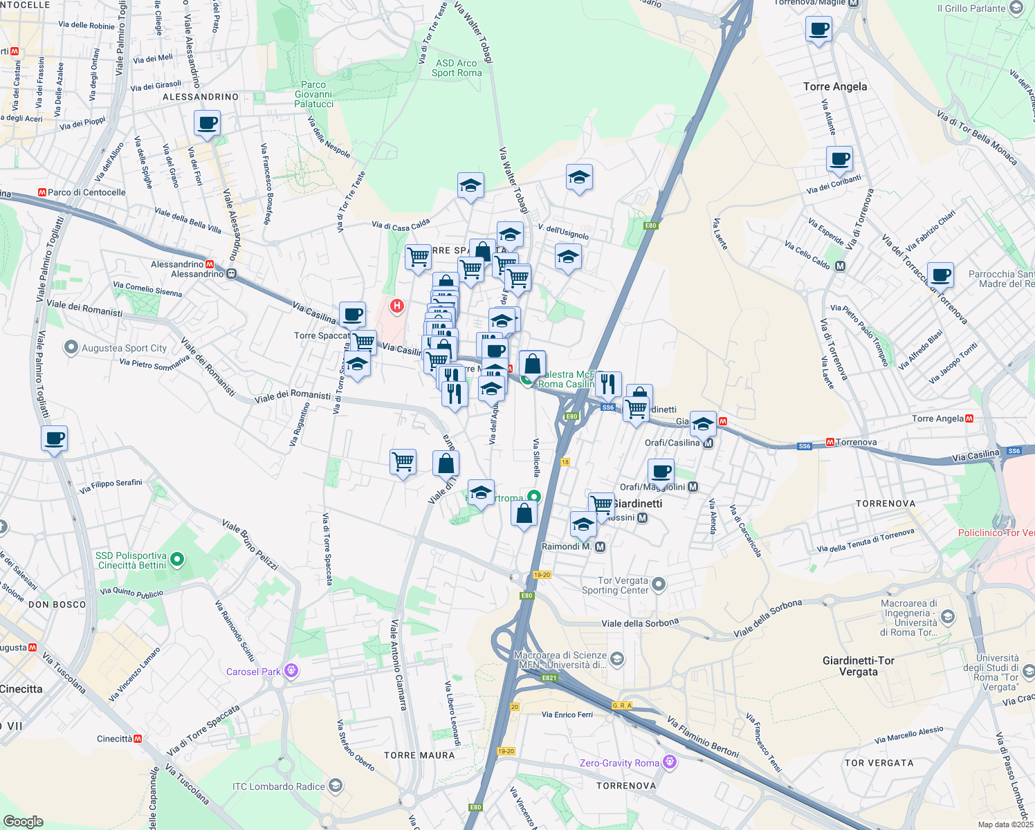 map of restaurants, bars, coffee shops, grocery stores, and more near 52 Via Sassonegro in Roma