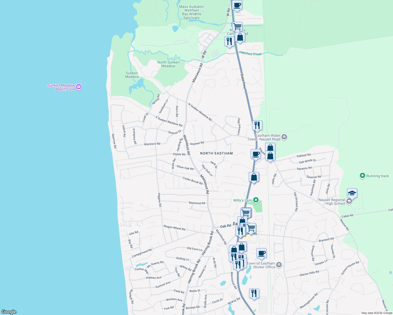 map of restaurants, bars, coffee shops, grocery stores, and more near 215 Serb Street in Eastham