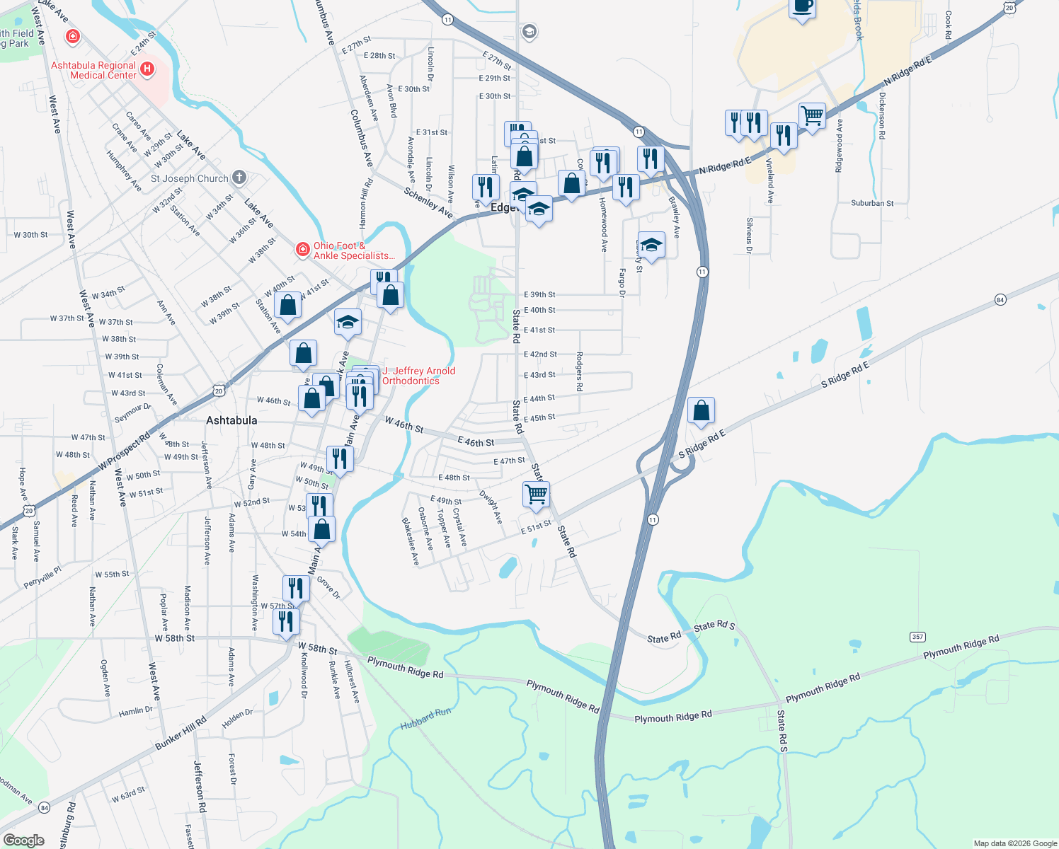 map of restaurants, bars, coffee shops, grocery stores, and more near 1922 E 45th St in Ashtabula