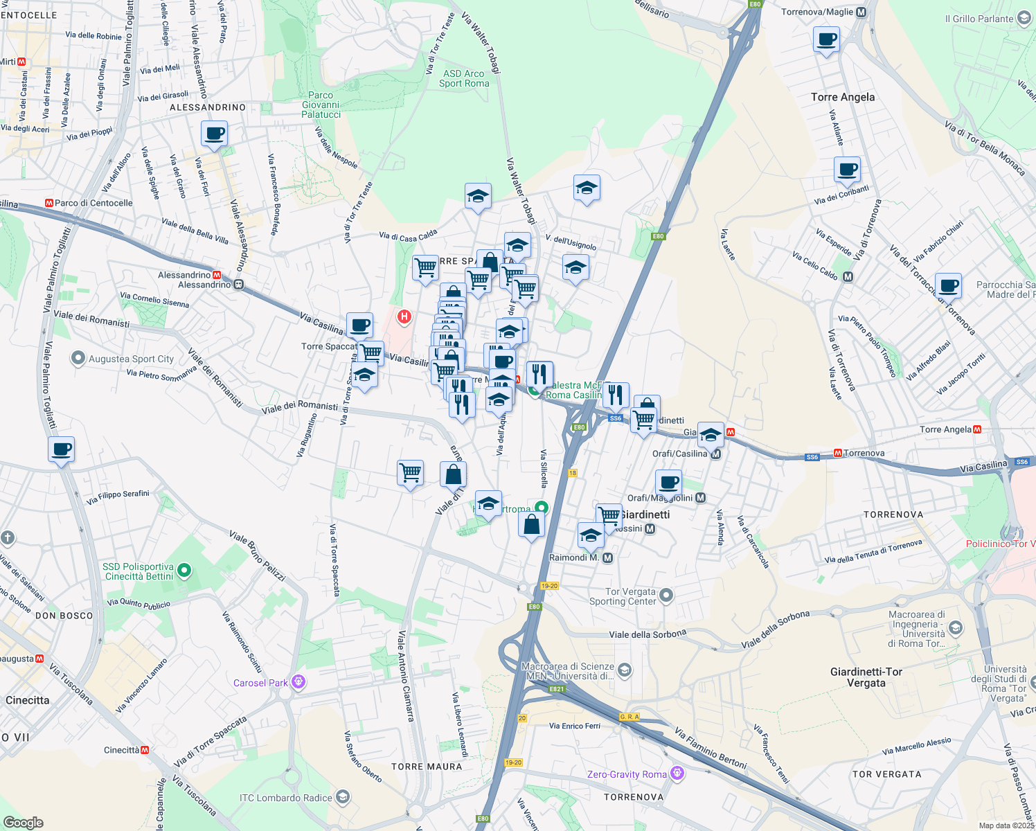 map of restaurants, bars, coffee shops, grocery stores, and more near 52 Via Sassonegro in Roma