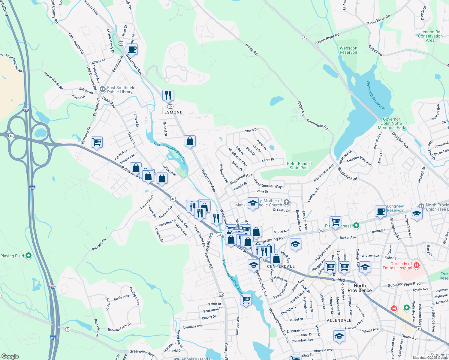 map of restaurants, bars, coffee shops, grocery stores, and more near 20 N Elmore Ave in North Providence