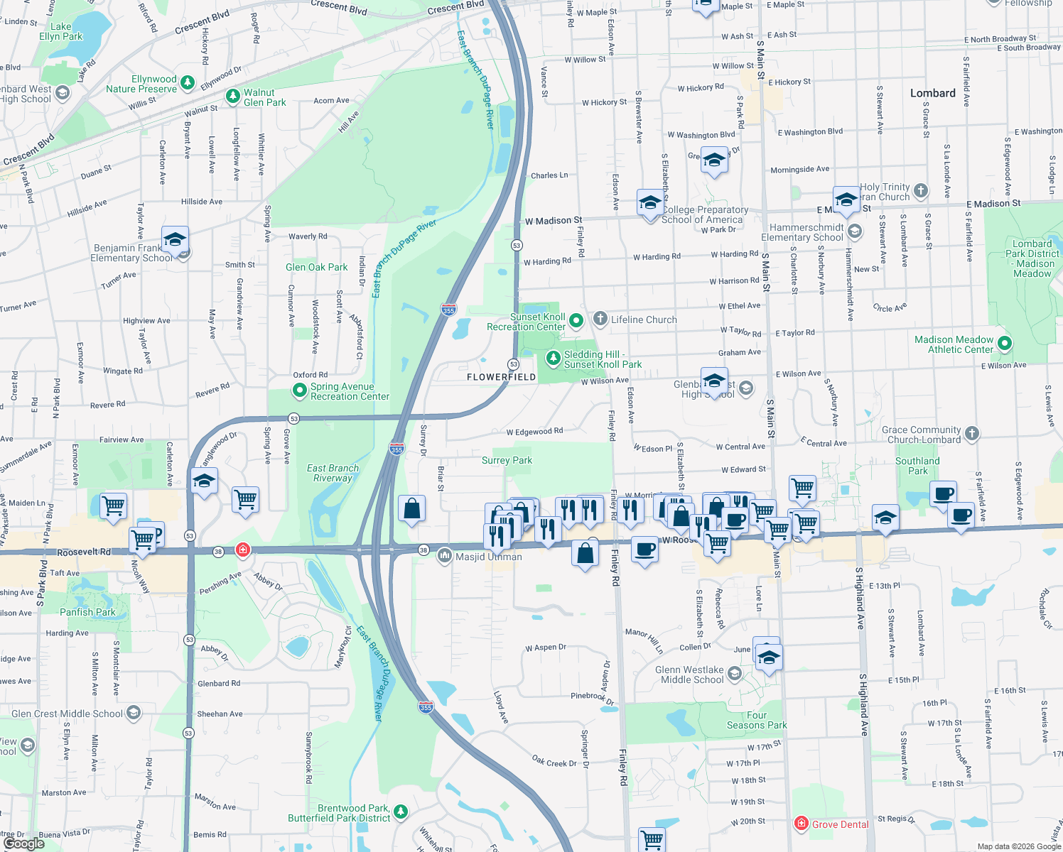 map of restaurants, bars, coffee shops, grocery stores, and more near 550 West Edgewood Road in Lombard