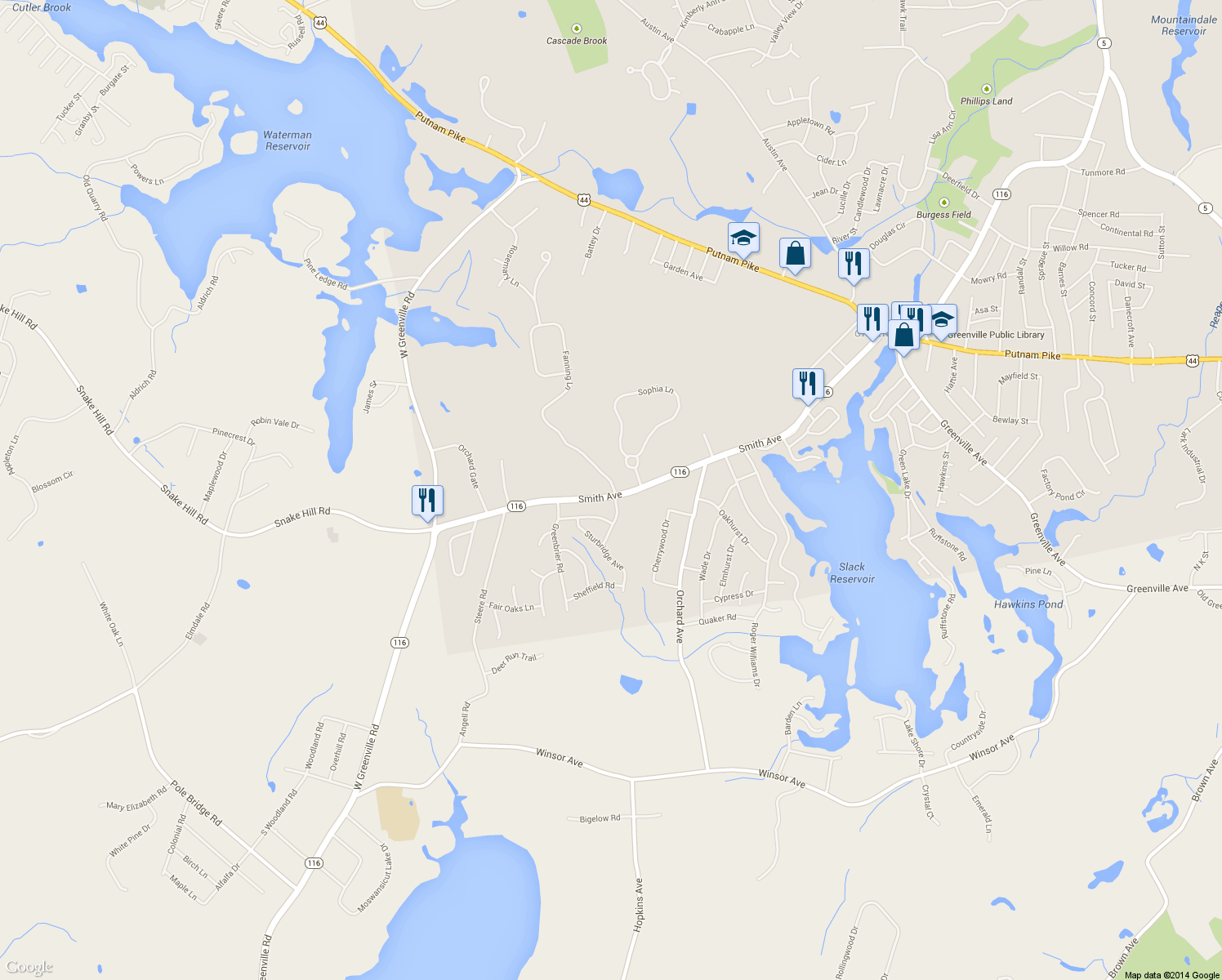 map of restaurants, bars, coffee shops, grocery stores, and more near 91 Smith Ave in Smithfield