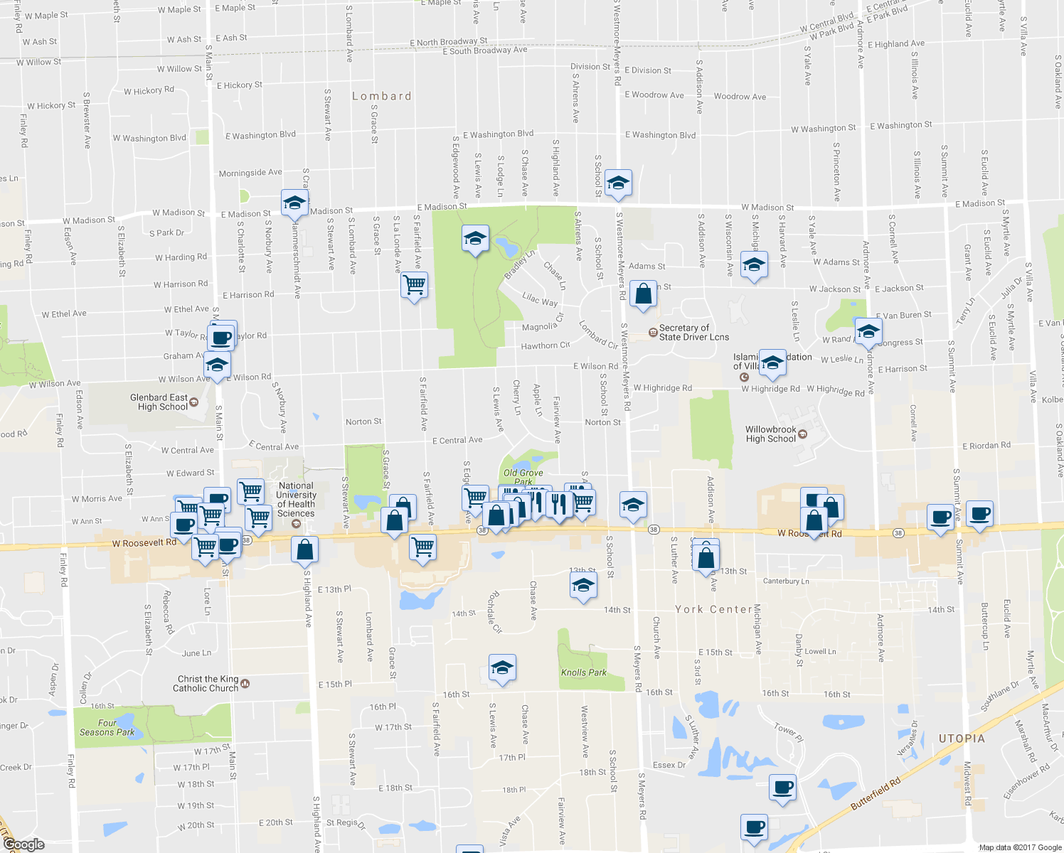 map of restaurants, bars, coffee shops, grocery stores, and more near 1067 Cherry Lane in Lombard