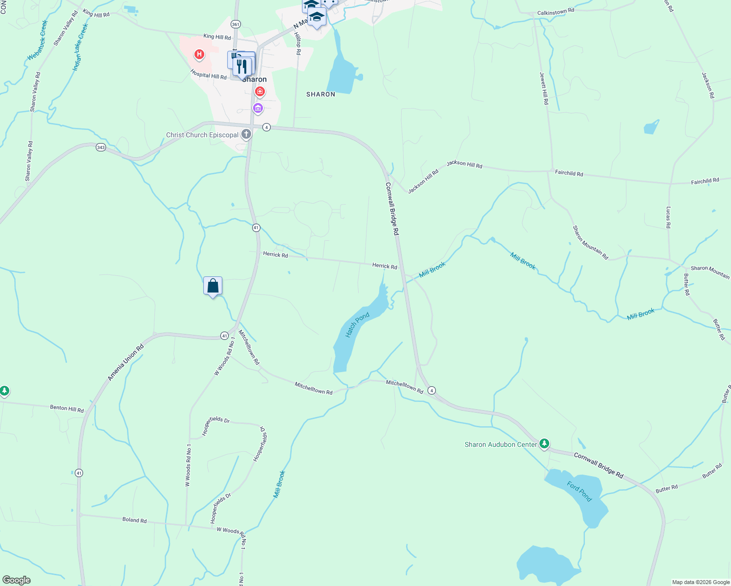 map of restaurants, bars, coffee shops, grocery stores, and more near 45 Herrick Road in Sharon